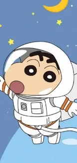 Cute cartoon astronaut floating in starry space.