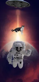 Surreal space wallpaper with a cat, astronaut, and UFO over Earth.