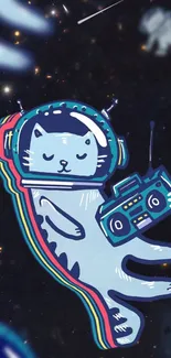 Cute astronaut cat floating in space with a radio.