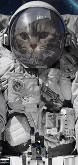 Cat in astronaut suit with starry background mobile wallpaper.