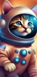 Cute tabby cat in astronaut suit against a colorful cosmic backdrop.