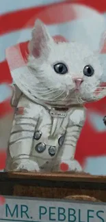 Whimsical astronaut cat standing at podium with American flag backdrop.