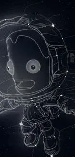 Neon-outlined astronaut character on a starry black background.