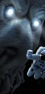 Astronaut faces a large cosmic creature in space, creating an intense sci-fi scene.