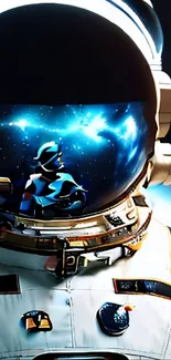 Astronaut in space with galaxy reflection.