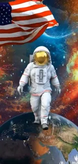 Astronaut on Earth with cosmic background, USA flag overhead.
