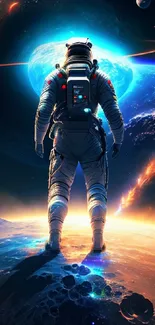 Astronaut exploring a vibrant cosmic landscape with planets and stars.