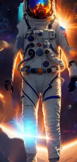 Vibrant cosmic scene featuring an astronaut in space with galaxies and planets.