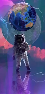 Astronaut floating in a vivid cosmic scene, surrounded by Earth and lightning.