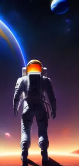 Astronaut exploring colorful cosmic landscape with planets.