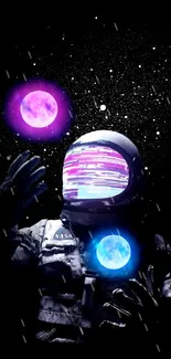 Astronaut holding neon planetary orbs in space wallpaper.