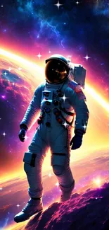 Astronaut exploring space with colorful cosmic background.