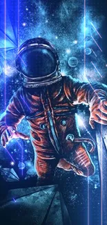 Astronaut floating through cosmic galaxy background.