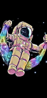 Vibrant astronaut illustration on black background with cosmic colors.