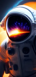 Astronaut helmet reflects cosmic sunset with a vibrant galaxy background.