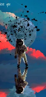 Astronaut reflects against a surreal galaxy in a vibrant dreamscape.