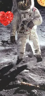 Astronaut on moon with floating hearts.