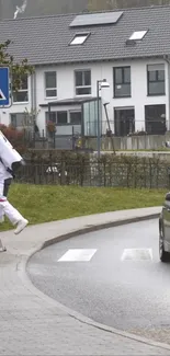 Surreal image of astronaut using ladder at a suburban crosswalk.