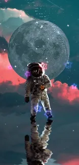 Astronaut walking in front of a cosmic galaxy with teal moon and clouds backdrop.