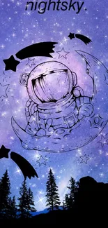 Whimsical astronaut on crescent moon in a starry night sky.