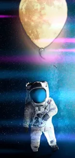 Astronaut floating in space with a moon balloon, cosmic digital art.