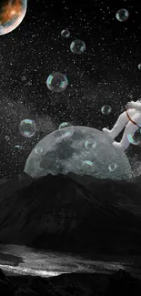 Surreal cosmic landscape with astronaut among bubbles.