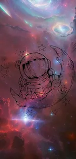 Astronaut sketch on a vibrant space background with nebulae and stars.