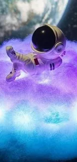 Astronaut floating on colorful nebula with Earth in the background.