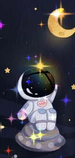 Whimsical astronaut beneath a crescent moon and stars on a dark night sky.