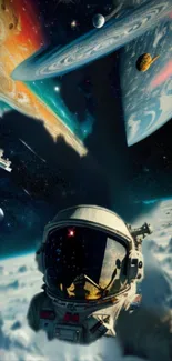 Astronaut floating near vibrant planets in space scene.