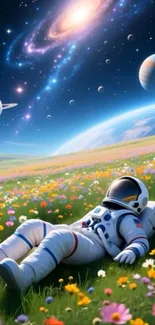 Astronaut relaxing in a flower field under a galaxy sky.