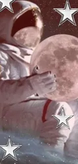 Astronaut holding moon with stars in cosmic scene.