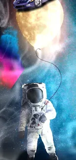 An astronaut floats with a moon balloon under a cosmic sky with vibrant colors.