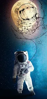 Astronaut holding moon balloon under starry sky.