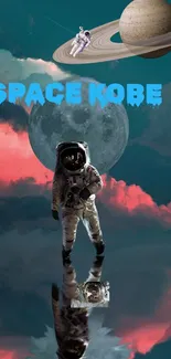 Surreal astronaut with moon and Saturn in background, creating a dreamlike space scene.