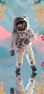 Astronaut in a surreal, colorful cosmic scene.