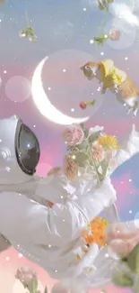 Astronaut and cat float in pastel sky with flowers.