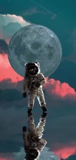 Astronaut with reflection under the moon on a surreal teal backdrop.