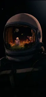 Surreal astronaut helmet reflection with planets and dreamlike scenery.