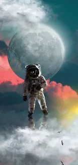 Astronaut walks among colorful clouds under a glowing moon on mobile wallpaper.