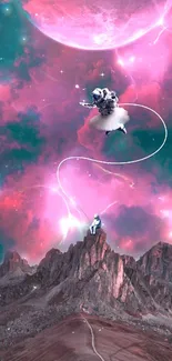 Floating astronauts in cosmic pink dreamscape over mountains.