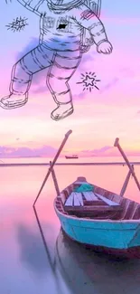 Surreal astronaut and boat scene at sunset with vivid pink skies.