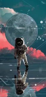 Astronaut standing in a surreal landscape with a moon backdrop and reflections.