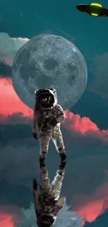 Astronaut with moon and UFO in a dreamlike, teal-hued scene.
