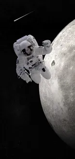 Astronaut drifting in space beside the moon with a black cosmic background.