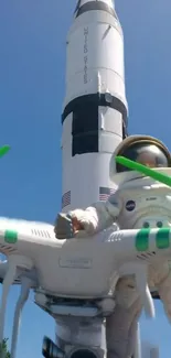 Astronaut on drone with rocket and blue sky background.