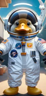 An adorable duck in an astronaut suit stands in a playful, cosmic setting.