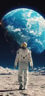 Astronaut on the moon gazing at Earth with a vivid blue atmosphere.