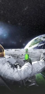 Astronaut relaxing on the moon, looking at Earth with a cosmic black sky.