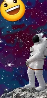 Astronaut with smiley emoji in colorful space background.